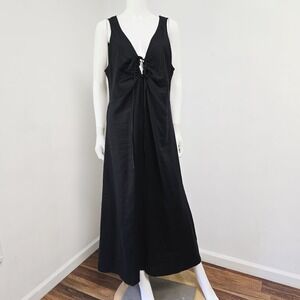 Banana Republic Midi Dress Large Tall LT Black Keyhole 100% Linen Sleeveless